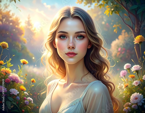 Beautiful young woman with long wavy hair standing in a sunlit flower garden.