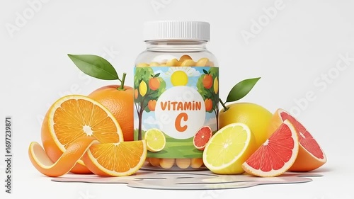 Colorful vitamin C supplement bottle surrounded by fresh citrus fruits on a clean background