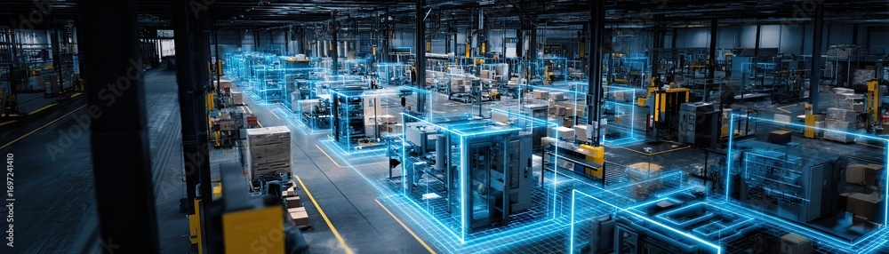 Naklejka premium A high-tech industrial facility with machinery and glowing digital overlays, showcasing automation and modern manufacturing processes.