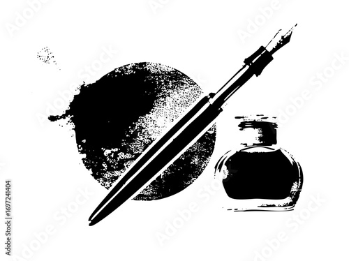 Vector Vintage pen inkwell and ink blot .
