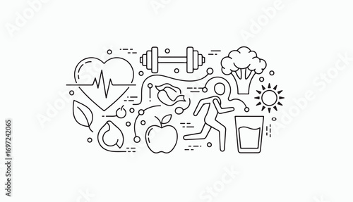 A linear illustration depicting elements related to health, fitness, and well-being.