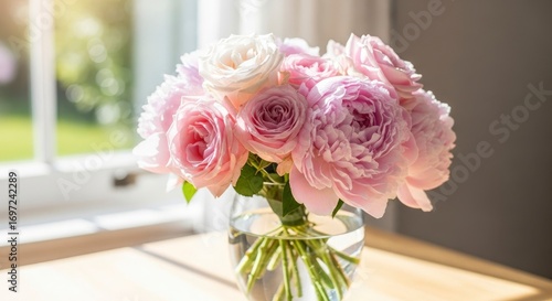 Pink roses  peonies in a glass vase on a table bathed in sunlight near a window