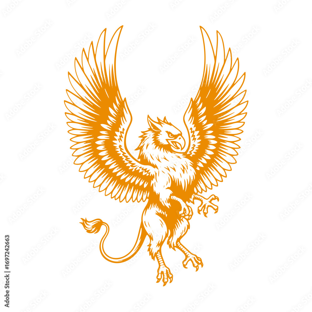 Fototapeta premium Majestic griffin with outstretched wings, mythical creature symbol of power and strength