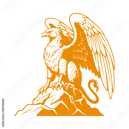 Majestic griffin perched on rocky outcrop, symbolizing power and vigilance