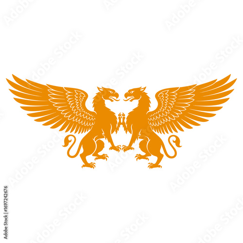 Majestic griffins with spread wings, powerful mythical creatures in striking orange
