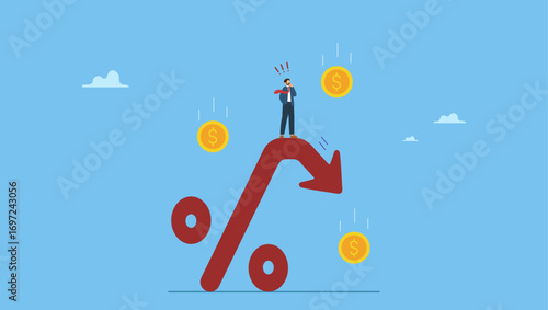 Businessman on percentage sign with falling down. Inflation or interest rate falling down, decrease or reduction, profit fall in economic recession, stock market value loss, FED reduce interest rate.