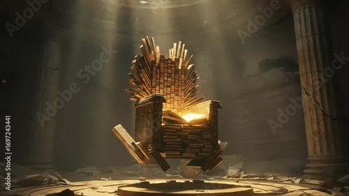 Majestic throne of books illuminated in ancient ruins