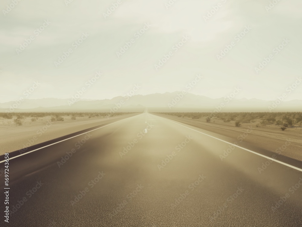 Naklejka premium Endless desert road vanishing into the horizon with soft daylight and mountain silhouettes in the distance, minimalist travel and landscape concept