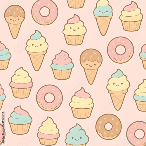 Cute dessert seamless pattern (donuts, ice cream, cupcakes)