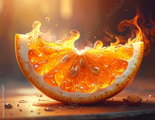 A vibrant, glowing orange slice with fiery liquid effects and warm backlighting, creating a dramatic and artistic food image.