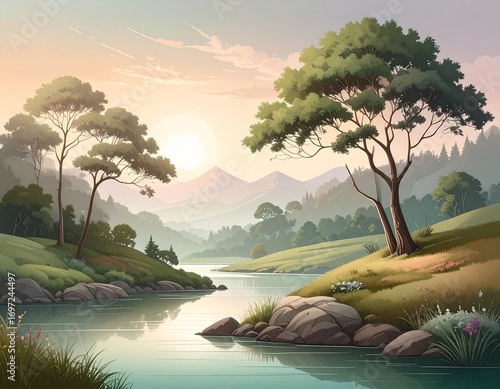 A serene landscape painting featuring a calm river flowing through a lush valley at sunrise.