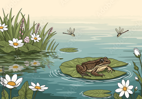 Serene pond ecosystem with a frog resting on a vibrant water lily, surrounded by blooming daisies and dragonflies, illustrating peaceful freshwater wildlife