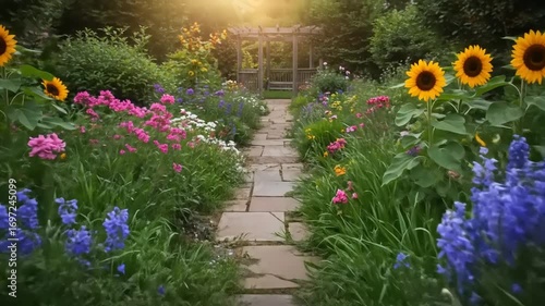 Vibrant garden path with colorful flowers and a birdbath reflecting sunlight in the background
