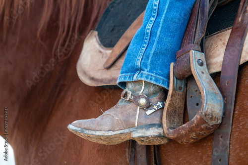 Kid boots and horse saddle stirrups