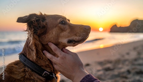 A dog on a beach at sunset, hand gently caressing the dog's neck
