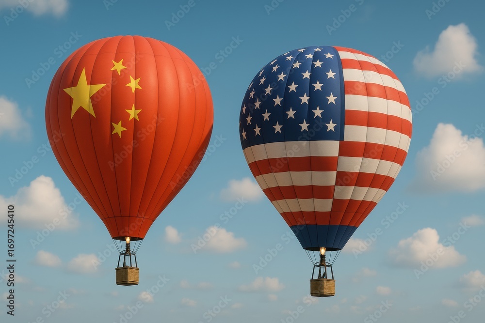 Naklejka premium China USA trade tension. Two hot air balloons featuring the flags of China and the USA against a blue sky with clouds.