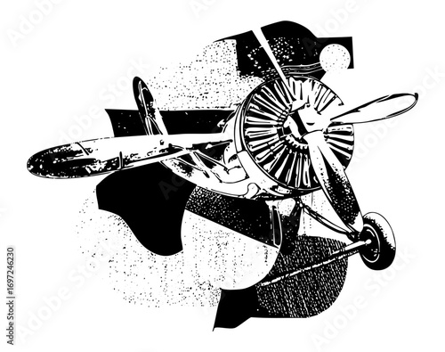 Vector Vintage biplane with propeller and depicted in a bold style.