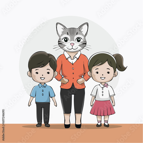 Whimsical teacher with cat's head and two students, friendly and cute character design