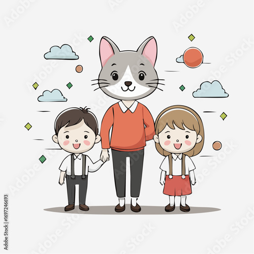 Adorable cat teacher with two children in a fun playful illustrated style for education projects