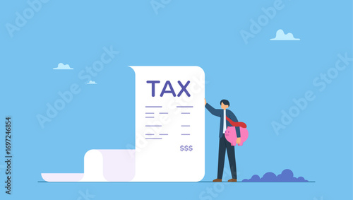Businessman holding saving piggybank looking at tax bills. Tax burden or debt to pay for income tax, financial charge and duty to pay for government, accounting or bills, wealth management or savings.