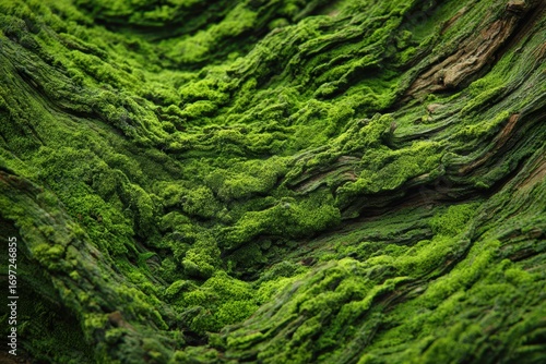 Green moss covering ancient tree bark creating micro-landscape of natural growth patterns, perfect for environmental conservation and organic skincare concept. Green moss texture background.