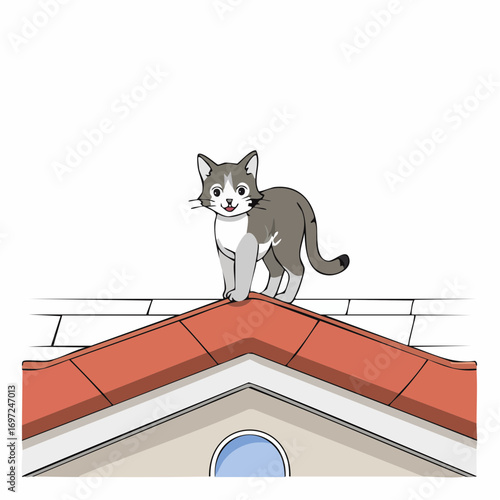 Adorable cat on a red-tiled roof, playful and curious, perfect for children's designs