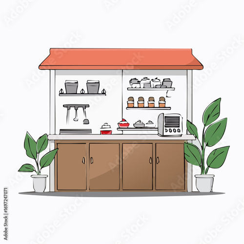 Cartoon Kitchen Counter with Plants