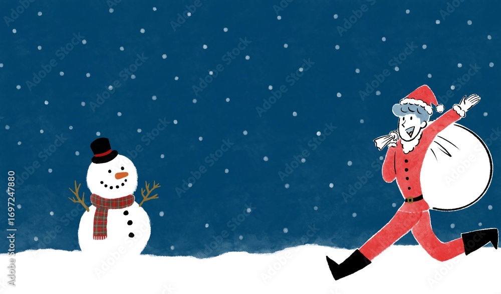 Fototapeta premium 雪が降る夜空と雪だるまとサンタクロースの衣装を着た男性のクリスマスイメージイラスト