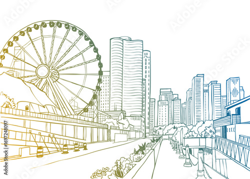 Great view of Chicago. USA. Urban sketch. Hand drawn cityscape. Line art. Colorful illustration. Vector background. Postcard style.