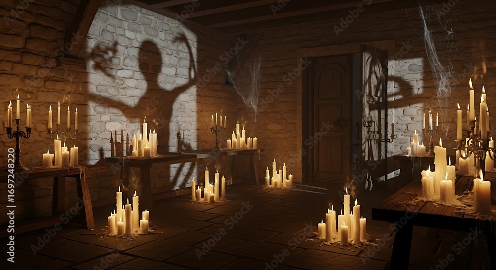 Obraz premium Candlelit Shadow Play: The flickering dance of candlelight casts eerie shadows, illuminating a rustic interior scene. The soft glow evokes mystery and intrigue.