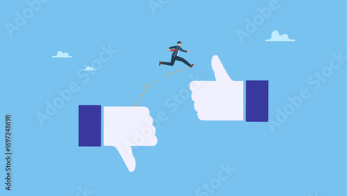 Businessman jumping from thumb down to thumb up. Change or transform to better opportunity, improvement or courage, determination to progress or career growth, aspiration or challenge.