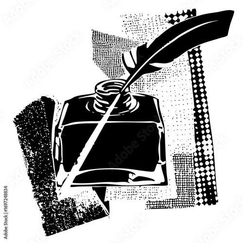 Vector Vintage inkwell with feather quill .