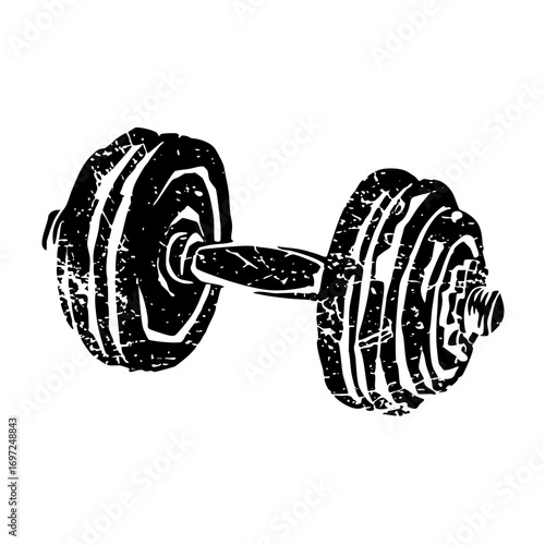 Vector Black barbell weightlifting with distressed texture.