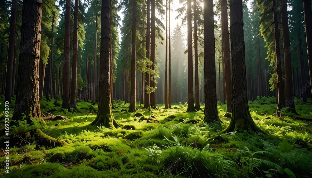 Fototapeta premium Tranquil dawn light filtering through towering trees in a lush forest