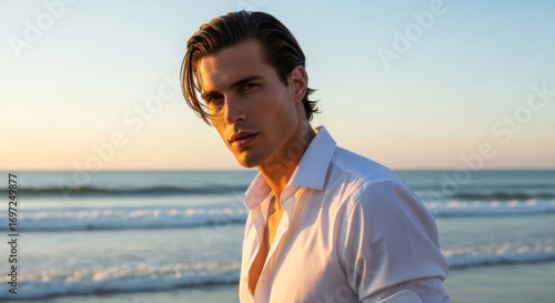 Man in white shirt stands on a beach with ocean waves and sunset light casting a warm glow on his face