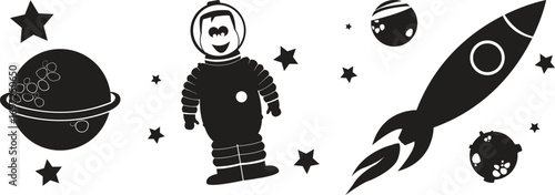 vector sketch illustration silhouette design cartoon image collection of life in outer space with planets and astronauts