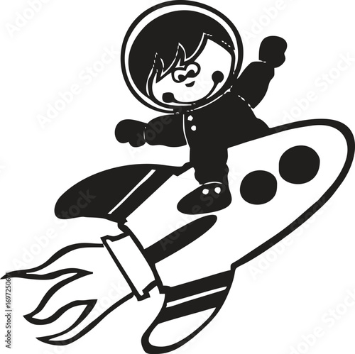 vector sketch illustration silhouette design cartoon image of a little boy riding an rocket airplane