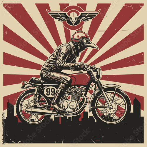 Bird biker rides motorcycle, retro style, urban vibe