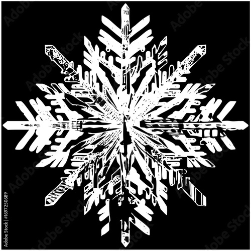 Vector Intricate white snowflake with detailed crystalline structure.