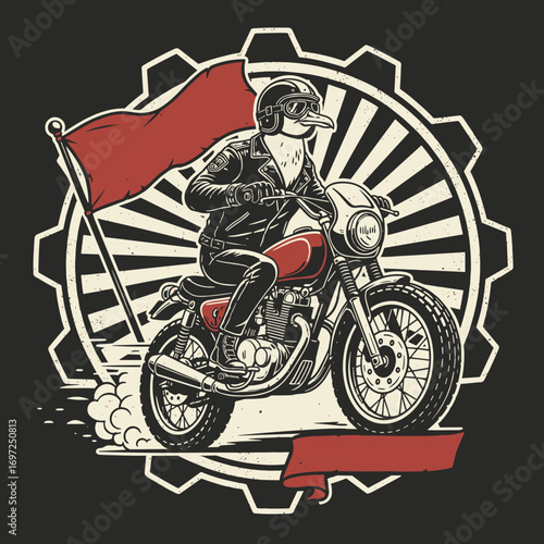 Cool bird biker rides motorcycle with red flag