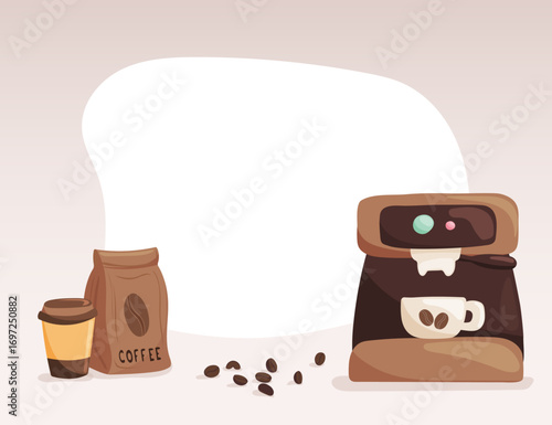 Vector frame with coffee machine, paper bag, cup and beans, big blank center for text. Ideal for cafe menus, posters, flyers, banners, labels, packaging, social posts, blog headers