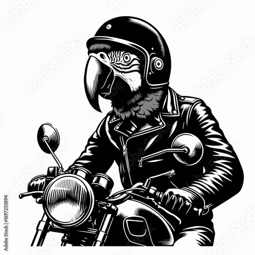 Parrot biker with leather jacket rides motorcycle, cool vibes