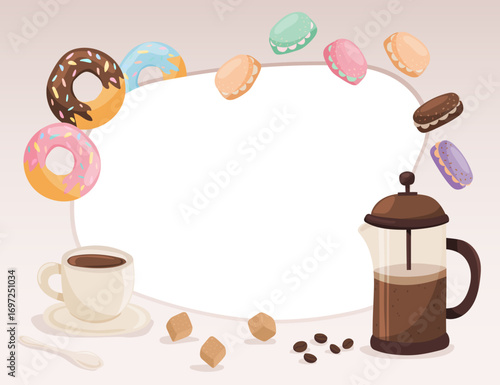 Vector coffee frame with cup, French press, donuts, macarons, sugar cubes and beans, big blank center for text. Good for cafe menus, posters, flyers, banners, labels, packaging, social posts