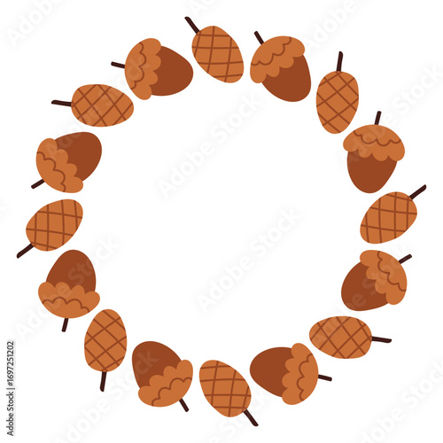 Autumn acorn circle frame. Round border made of doodle hand drawn fall acorns. The acorns are arranged in a circle for stickers, banners, cards, ads. Vector flat isolated on white background.