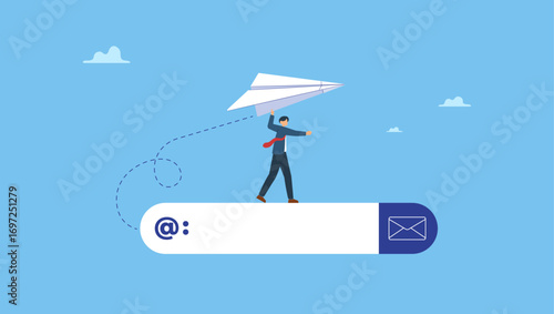 Businessman launching origami paper airplane on email subscribe form on website. Email subscription to send newsletter for promotion and product update, online communication and marketing.