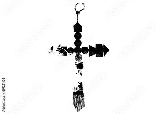 Vector Stylized cross with rosary and tassel .