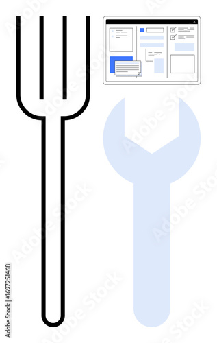 Large fork alongside a translucent wrench beneath a website layout. Ideal for design, user interface, development, integration, problem-solving, innovation, simplicity. Represents simple flat