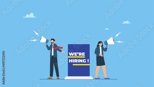Business people HR with megaphone holding we are hiring sign. HR recruiting announcement we are hiring advertisement, human resources or employer looking for candidate for job vacancy.
