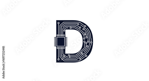 Letter D circuit board tech inspired design for technology branding and digital systems initial