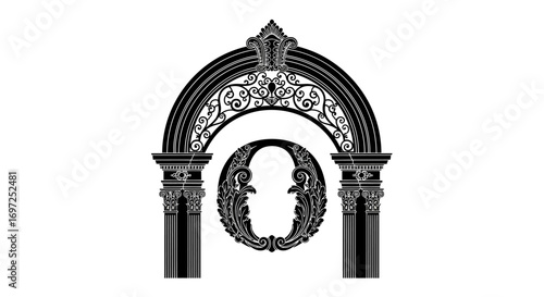 Elegant Black and White Architectural Archway Design with Floral Motif Ornamentation